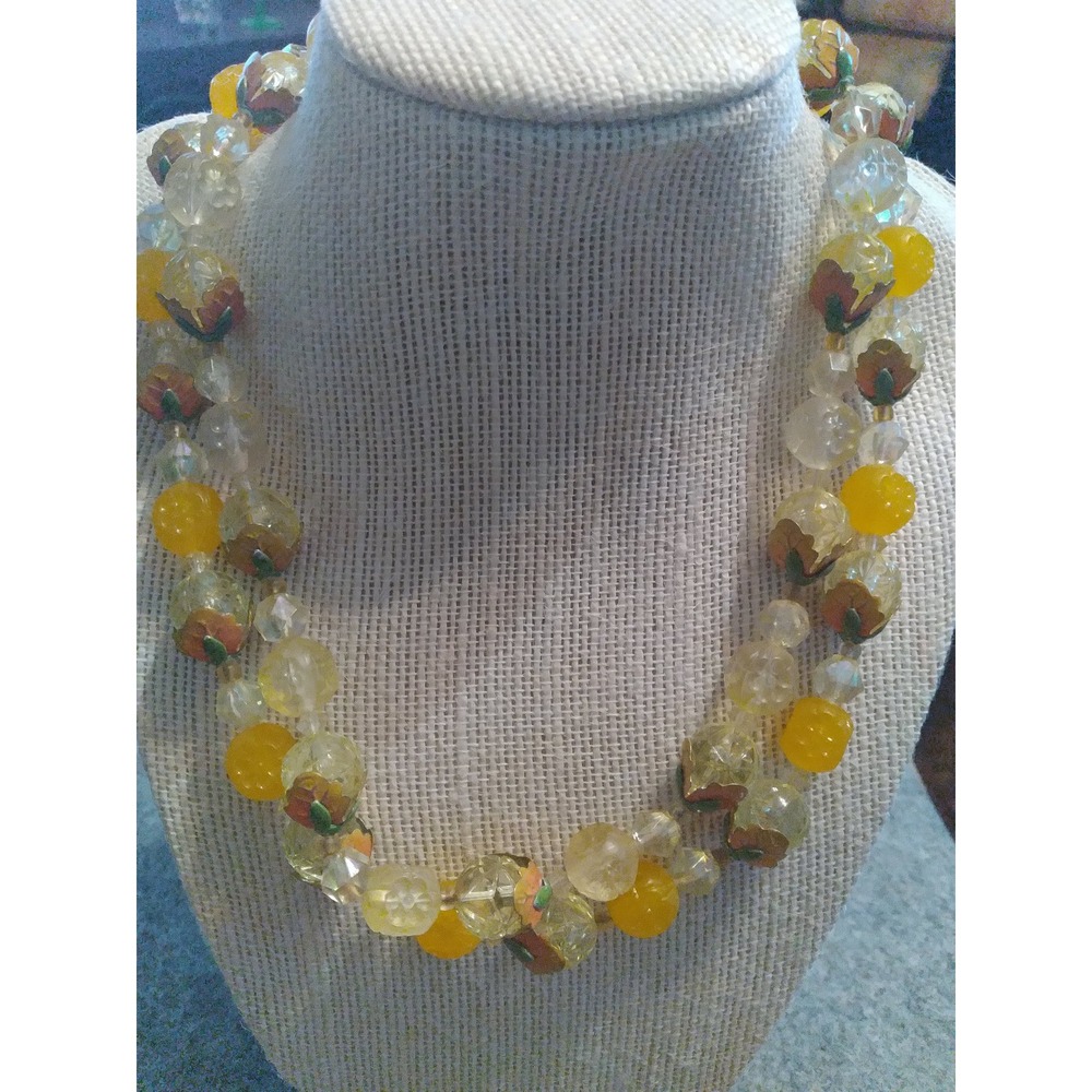 Vintage Beaded Necklace Yellow & Iridescent Faceted Glass Costume Jewelry